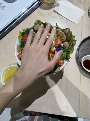i have quite small to medium sized hands and i just wanted to show how HUGE this salad was but so incredibly scrummy    at Vegan Bistro Jangara in Tokyo