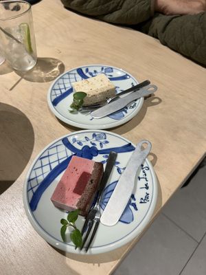 Raspberry Chocolate Mousse cake, caramel mousse cake > they were frozen to my surprise but did not disappoint 10/10 not too sweet just the right amount  at Vegan Bistro Jangara in Tokyo