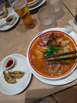 Vegan Karabon (spicy tonkotsu ramen) and Gyoza at Vegan Bistro Jangara in Tokyo