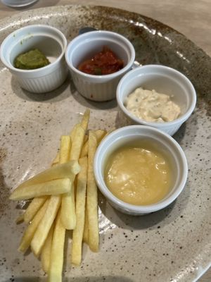 Fries and sauces  at Vegan Bistro Jangara in Tokyo