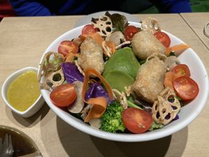 Salad bowl with fried food  at Vegan Bistro Jangara in Tokyo