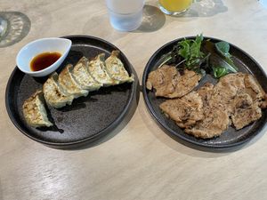 Gyoza and grilled soy meat  at Vegan Bistro Jangara in Tokyo