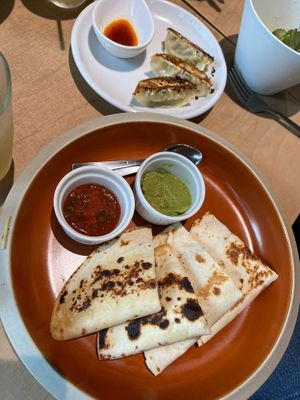 Taco set meal with gyoza   at Vegan Bistro Jangara in Tokyo