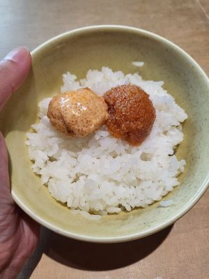 Vegan mentaiko over hot rice. Yum!!! at Vegan Bistro Jangara in Tokyo