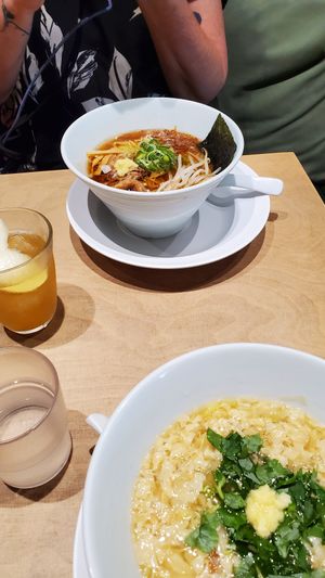 My mother's ramen and apple ginger soda at Vegan Bistro Jangara in Tokyo