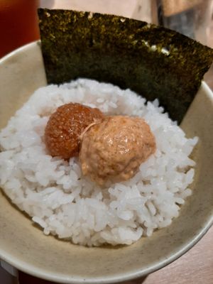 Mentaiko rice as a side dish at Vegan Bistro Jangara in Tokyo