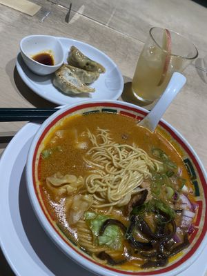 Spicy Karabon ramen, gyozas, and apple ginger drink  at Vegan Bistro Jangara in Tokyo