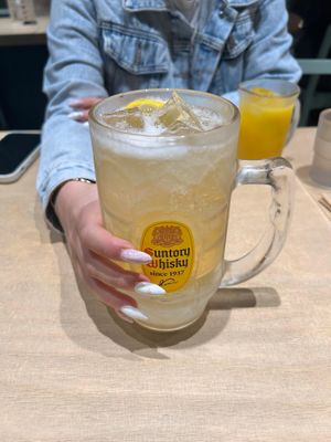 Whiskey highball and orange juice  at Vegan Bistro Jangara in Tokyo