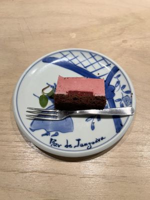 Raspberry mousse chocolate cake at Vegan Bistro Jangara in Tokyo