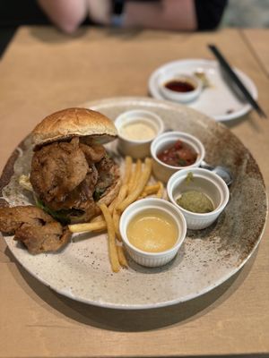 Burger (with double meat) and the remnants of the gyoza side  at Vegan Bistro Jangara in Tokyo