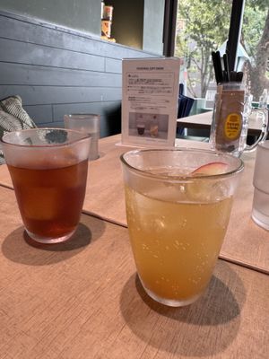 Apple and ginger soda and the iced tea  at Vegan Bistro Jangara in Tokyo