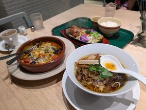 Cheese curry, grilled soy meat and seasonal ramen. Curry was good, the other two amazing. at Vegan Bistro Jangara in Tokyo