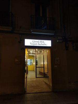 Entrance sign at Good Shit, Vegan Kebabs in Barcelona