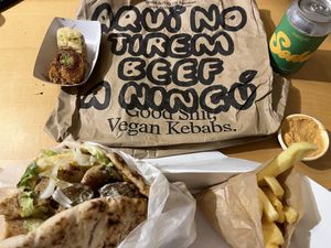 Heura gyros, chips, chipotle sauce and baklava   at Good Shit, Vegan Kebabs in Barcelona