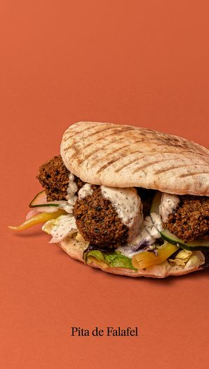Homemade falafel in a pita bread with pickled cabbage, lettuce, cucumber, onion and piparra. With soy yogurt sauce and hot sauce at Good Shit, Vegan Kebabs in Barcelona