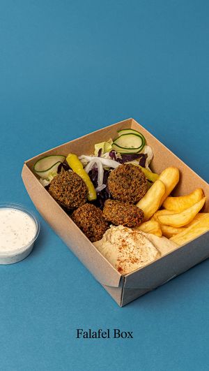 Falafel, pickled cabbage, lettuce, cucumber, onion and chili pepper. With soy yogurt sauce and hot sauce. With hummus and fries, without bread. at Good Shit, Vegan Kebabs in Barcelona
