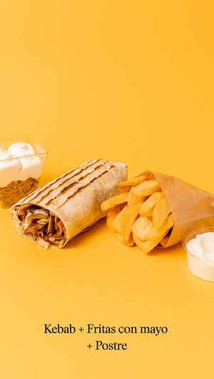 A kebab of your choice, a portion of fries with mayo and a dessert of your choice. at Good Shit, Vegan Kebabs in Barcelona