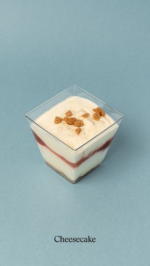 Homemade vegan cheesecake in a tub from CUVO Foods at Good Shit, Vegan Kebabs in Barcelona