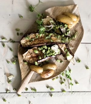 Grilled eggplant with misocaramel and grilled baby potatoes  at Honderdprocentmianne in Genk