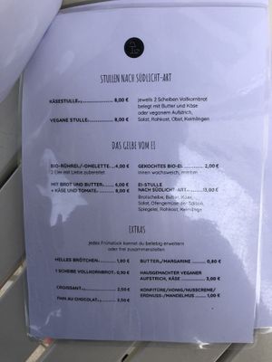 Speisekarte Frühstück und kleine Speisen / menu breakfast and small dishes  at Südlicht Cafe in Cologne