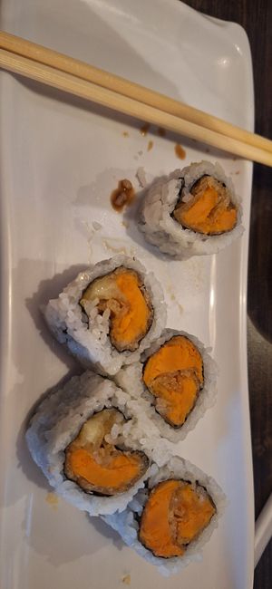 Sweet potato tempura roll WITHOUT eel sauce topping. at Sushi Bomb in Pittsburgh
