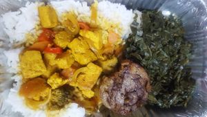 Tofu vegan curry, white rice, sukuma wiki, faux meat at Soul Veg(etária)  in Nairobi