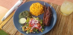 Bbq seitan. Mac n cheese. Local greens. Salad. Ginger punch. at Soul Veg(etária)  in Nairobi