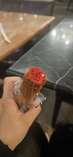 Wafer roll with strawberry cream at BOBO Pops in Limassol