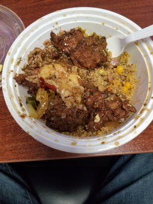 Vegetable quinoa, rice and beans, eggplant stew on bottom. at Uptown Veg in New York City