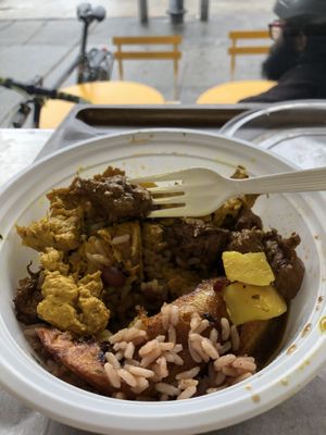 jerk chicken, plantains, rice  at Uptown Veg in New York City