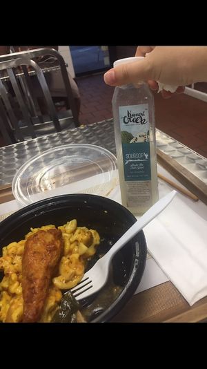 Mac and cheese, bbq chikn and soursop juice at Uptown Veg in New York City