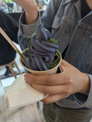 Matcha and Earth Glow soft serve swirl (took a few bites first oops!) at Matchaful in New York City