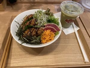 Wheat Cutlet bowl and soy matcha iced latte  at Tenzo in Tokyo