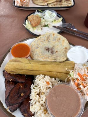 Combo plate with papusas, tamal, rice & beans, plantains  at El Tamarindo in Washington