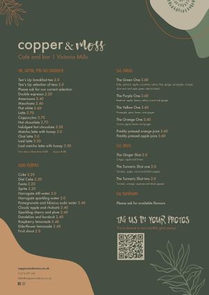 Drinks Menu at Copper and Moss in Shipley
