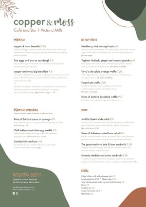 Menu at Copper and Moss in Shipley