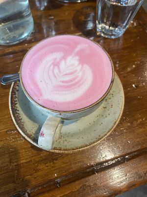 Beetroot & agave Oat milk latte   at Copper and Moss in Shipley
