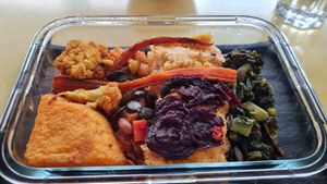 Polenta with spicy crunchy veggies at Foound in Geneva