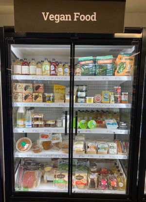 Refrigerated vegan products, cheeses, cold meats, custards, yogurt, .... at Linverd Market in Barcelona