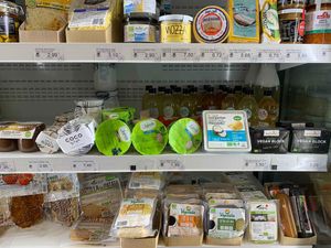 vegan sausage and sausage, tempering,... at Linverd Market in Barcelona