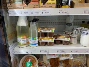 Vegetable water and vegetable yogurts and Coco at Linverd Market in Barcelona