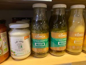 Vegan mayonnaise and sauces at Linverd Market in Barcelona