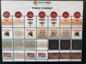 Spice Bridge schedule for which stalls are open, as of March 2022 at Spice Bridge - Food Hall in Tukwila