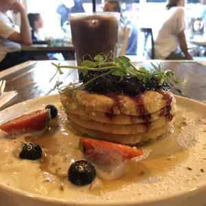 Blueberry pancakes & iced oat mocha  at Kofi&Co in Wetherby
