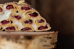 Monastic Hut cake: dough cooked with a mixture of three types of flour. Filling: homemade cherries and
delicate custard cooked with oatmeal, coconut milk and coconut cream at SweetVegLife in Kyiv