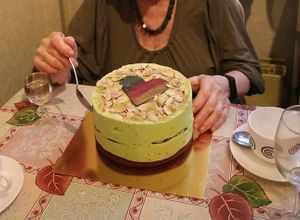 Babushka and cake at SweetVegLife in Kyiv