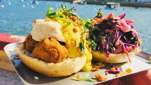 Brunch special. Vegan Fried Chicken eggs Benedict (eggs are vegan too). at Foam and Fork in Gzira