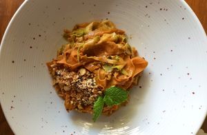 Business lunch special. Zucchini and carrot 'noodles' in Thai peanut butter dressing. at Foam and Fork in Gzira