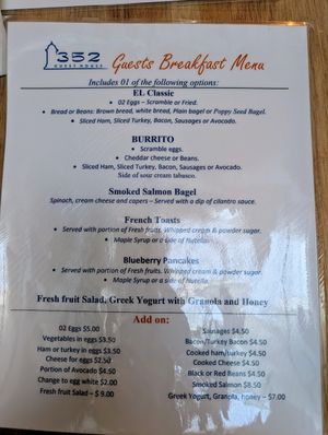 Breakfast menu at 352 Guest House Hotel in San Juan
