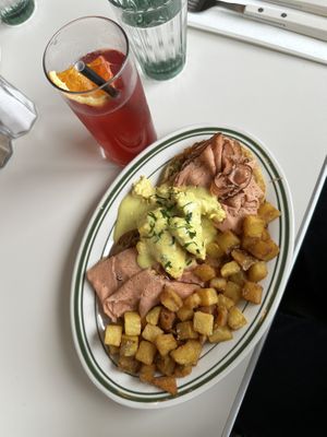 Eggs benny & hibiscus lemonade  at Stefano's Diner in Toronto